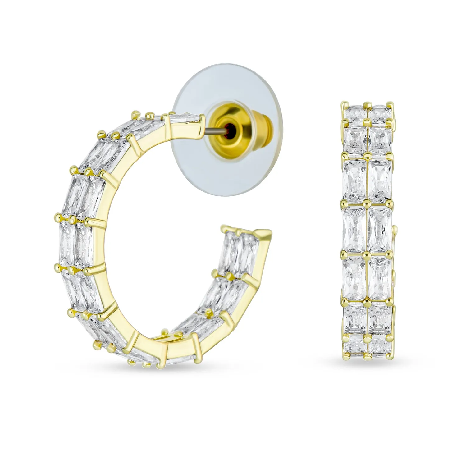 Eternity Emerald Cut AAA CZ Hoop Earrings Gold Silver Plated 1" Dia