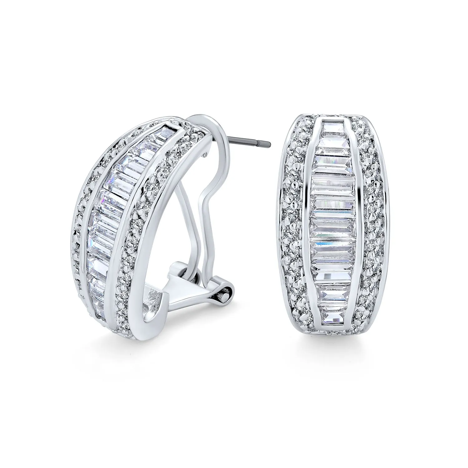 Eternity Emerald Cut AAA CZ Hoop Earrings Gold Silver Plated 1" Dia