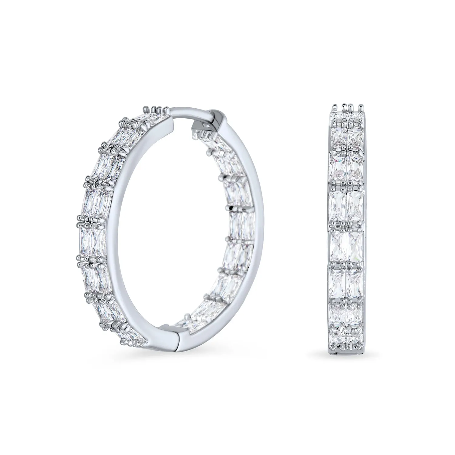 Eternity Emerald Cut AAA CZ Hoop Earrings Gold Silver Plated 1" Dia