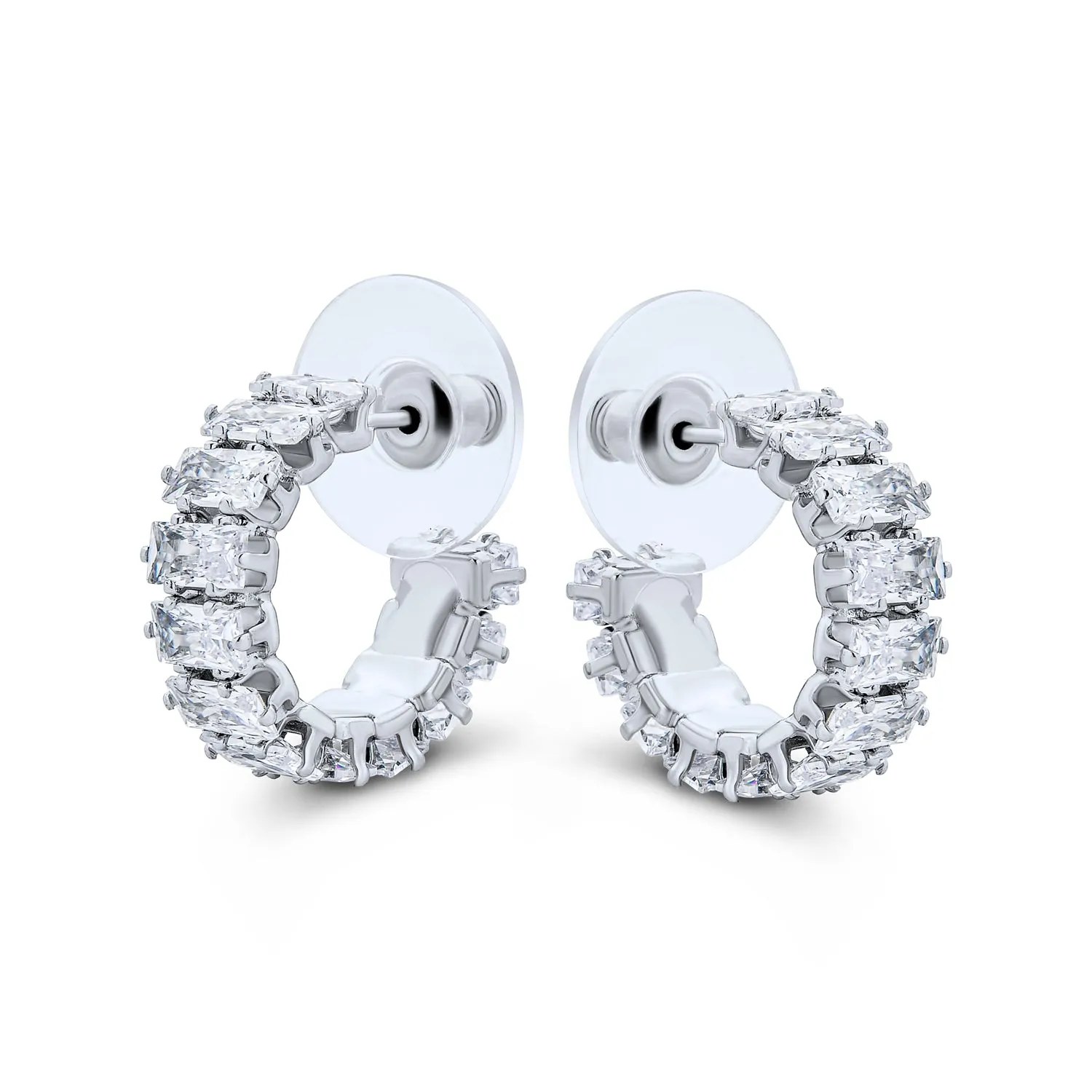 Eternity Emerald Cut AAA CZ Hoop Earrings Gold Silver Plated 1" Dia