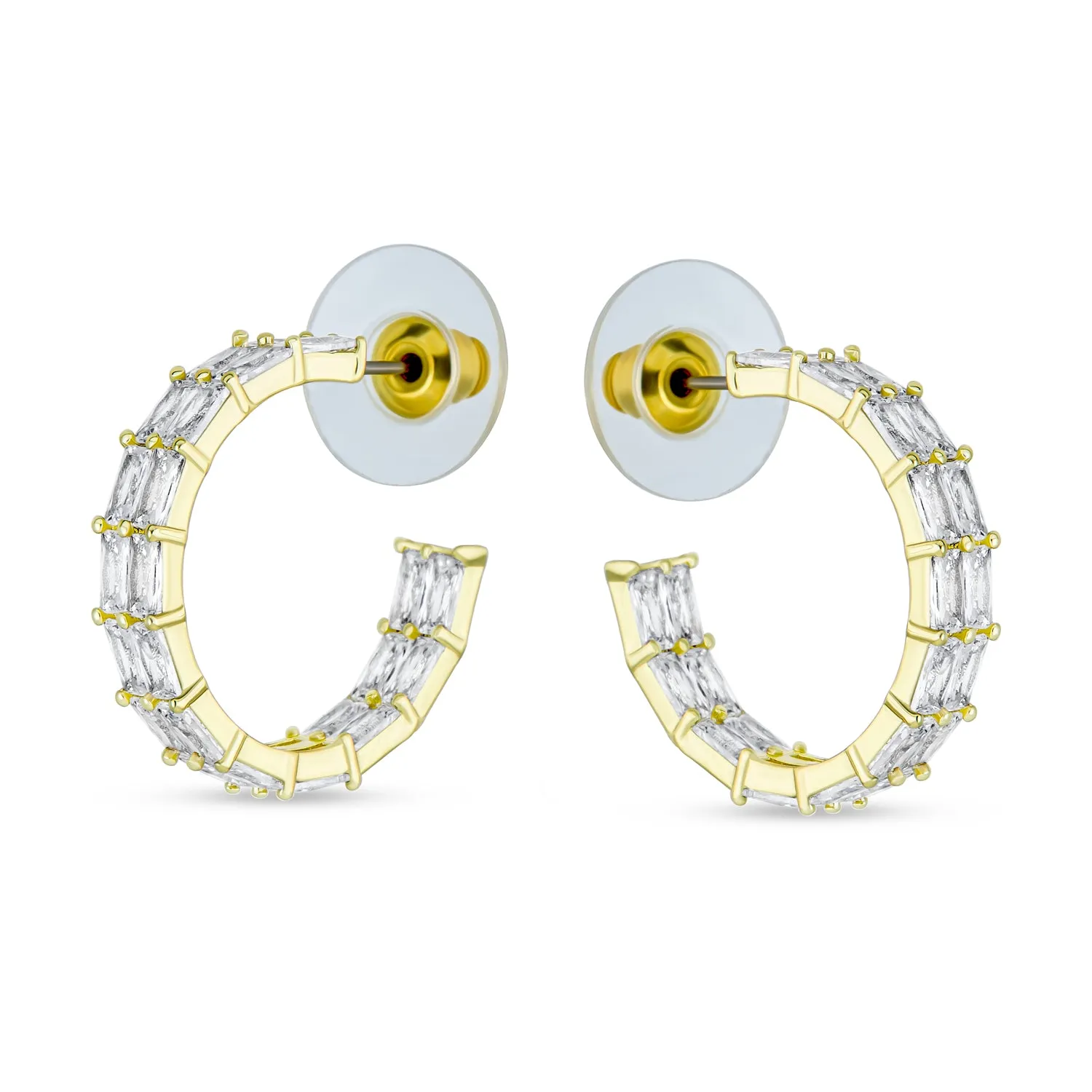 Eternity Emerald Cut AAA CZ Hoop Earrings Gold Silver Plated 1" Dia