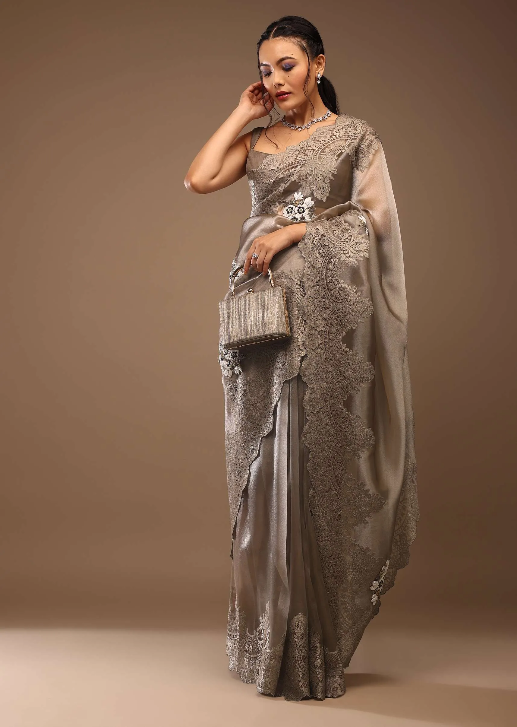 Ginger Brown Saree In Tissue Organza With Beaded And Cut Dana Embroidery Motifs, Crop Top Crafted In Raw Silk With A Corset Neckline