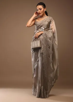 Ginger Brown Saree In Tissue Organza With Beaded And Cut Dana Embroidery Motifs, Crop Top Crafted In Raw Silk With A Corset Neckline