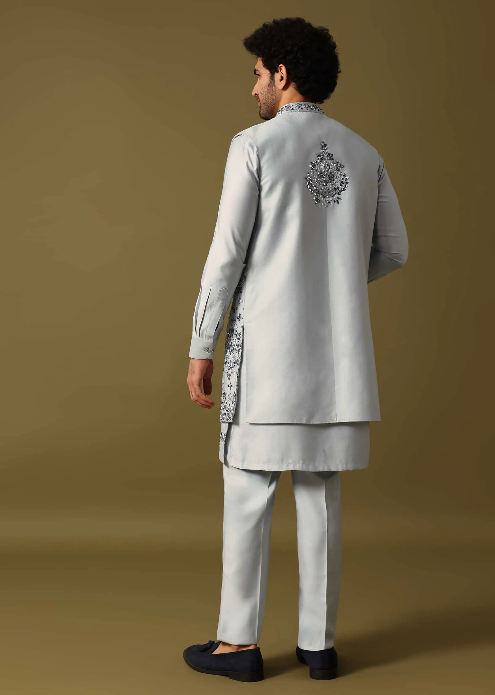Grey Silk Kurta Jacket Set With Mirror Work For Men