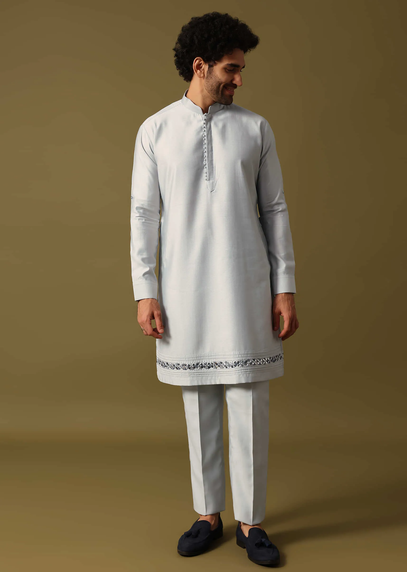 Grey Silk Kurta Jacket Set With Mirror Work For Men