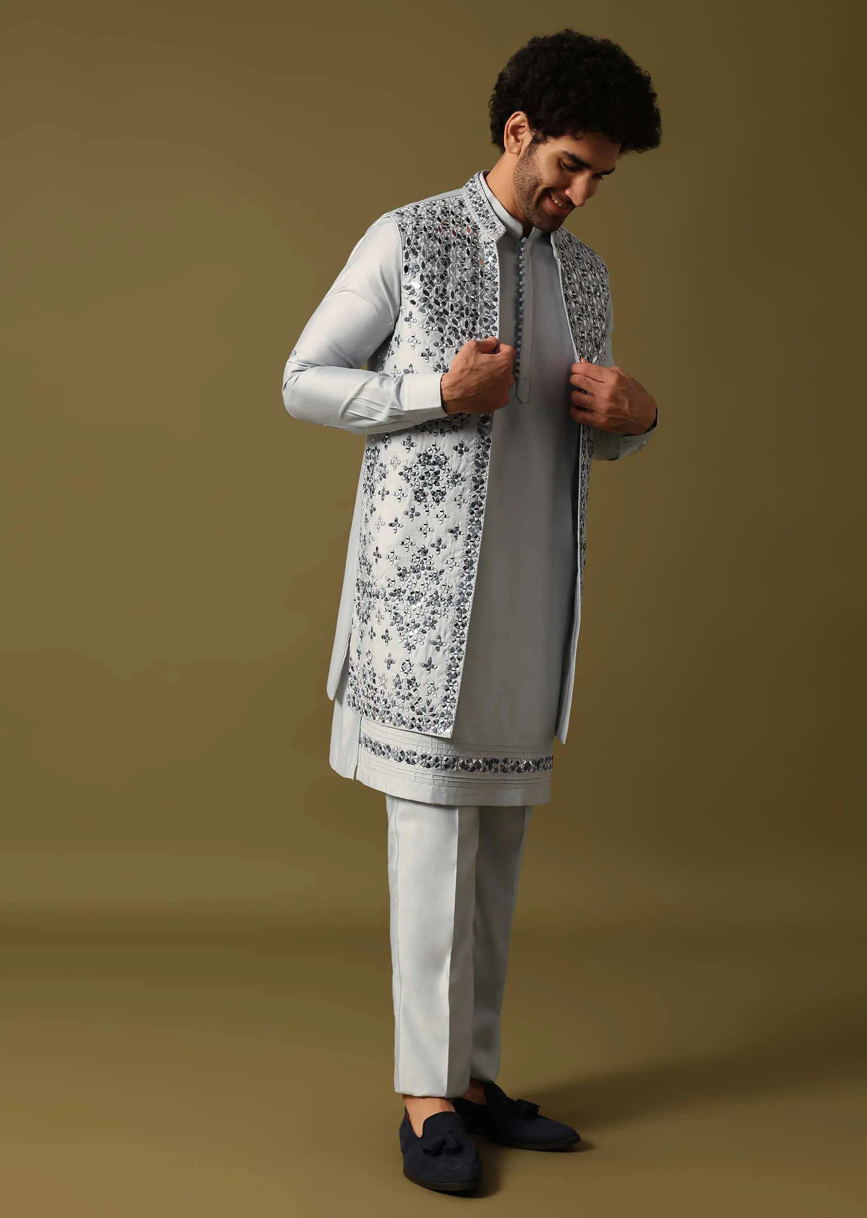 Grey Silk Kurta Jacket Set With Mirror Work For Men