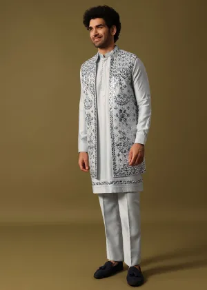 Grey Silk Kurta Jacket Set With Mirror Work For Men