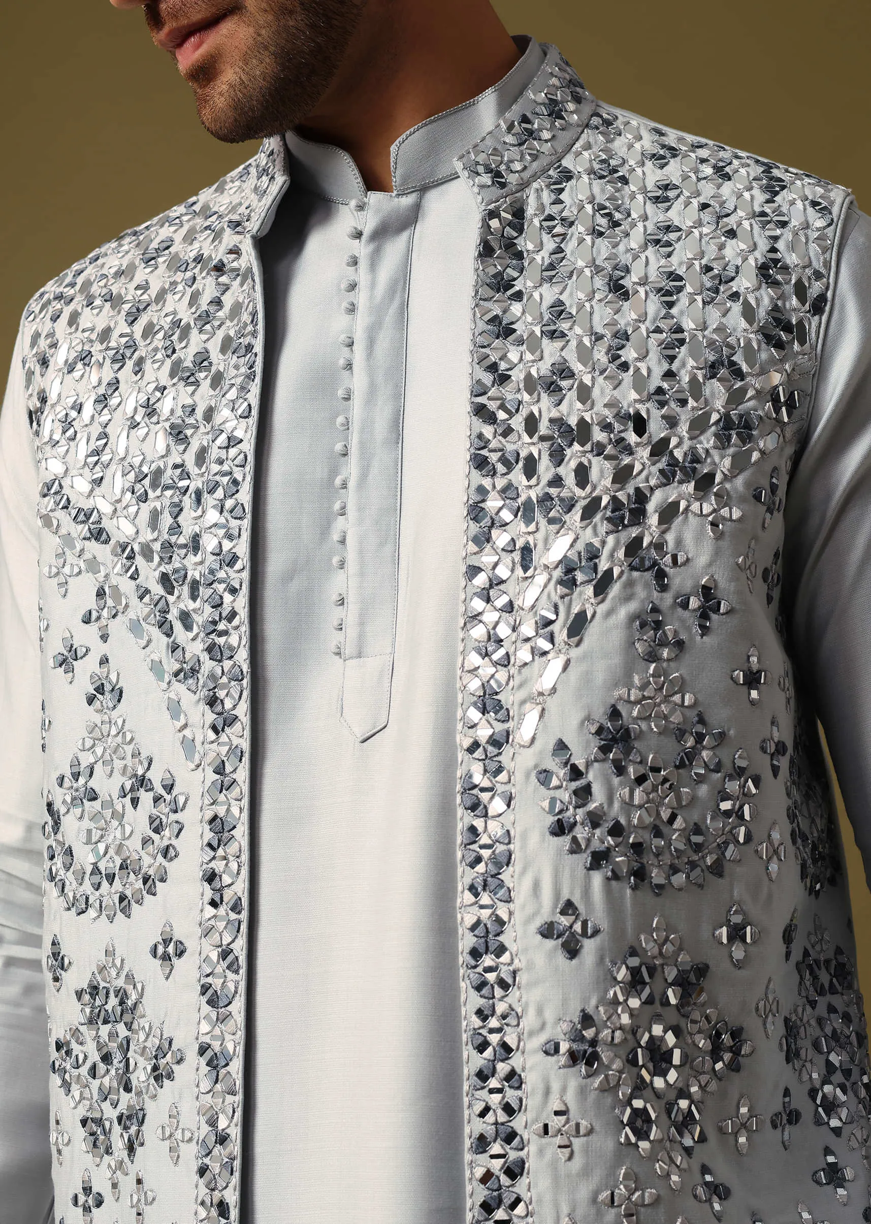 Grey Silk Kurta Jacket Set With Mirror Work For Men