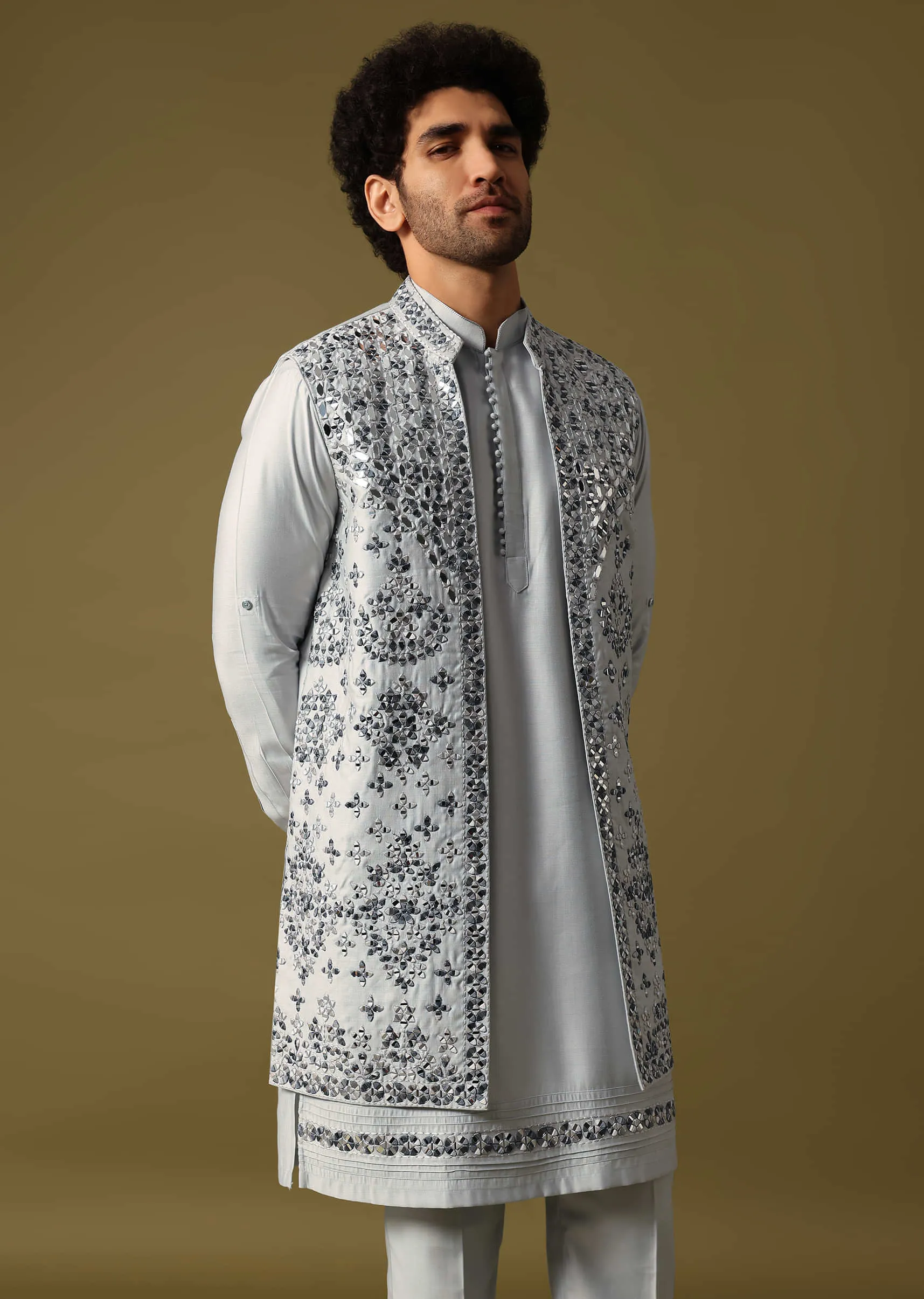 Grey Silk Kurta Jacket Set With Mirror Work For Men