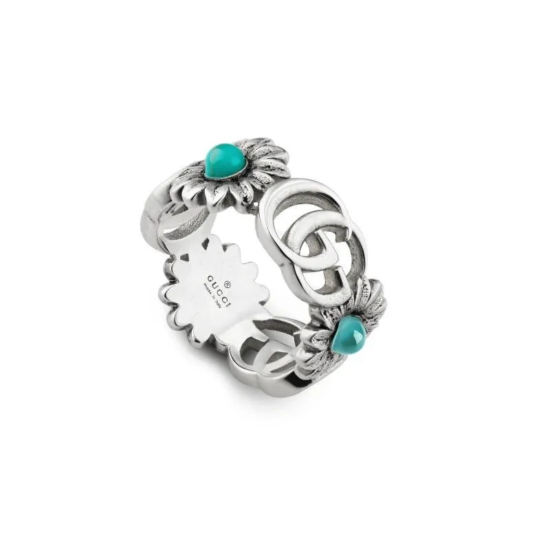 Gucci Sterling Silver GG Marmont Ring with Mother of Pearl, Blue Topaz, & Turquoise Resin