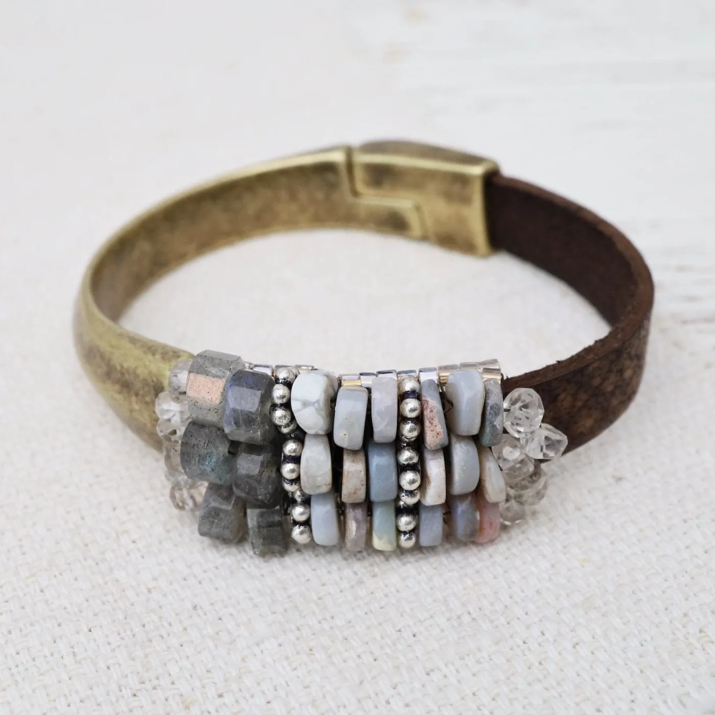 Hand Stitched Hand Cut Labradorite & Pink Opal on Brown Leather Bracelet