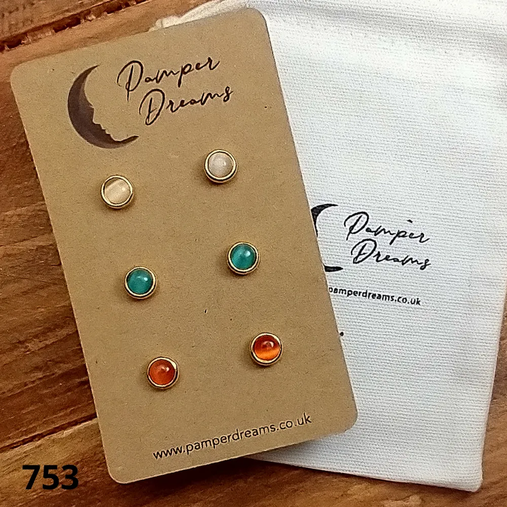 Hypoallergenic Stainless Steel CZ & Opalite Earring Set 3 Pairs Gold Colour 753