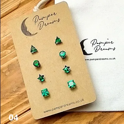 Hypoallergenic Stainless Steel Geometric CZ Earring Set 4 Pairs Silver Colour 04 Emerald