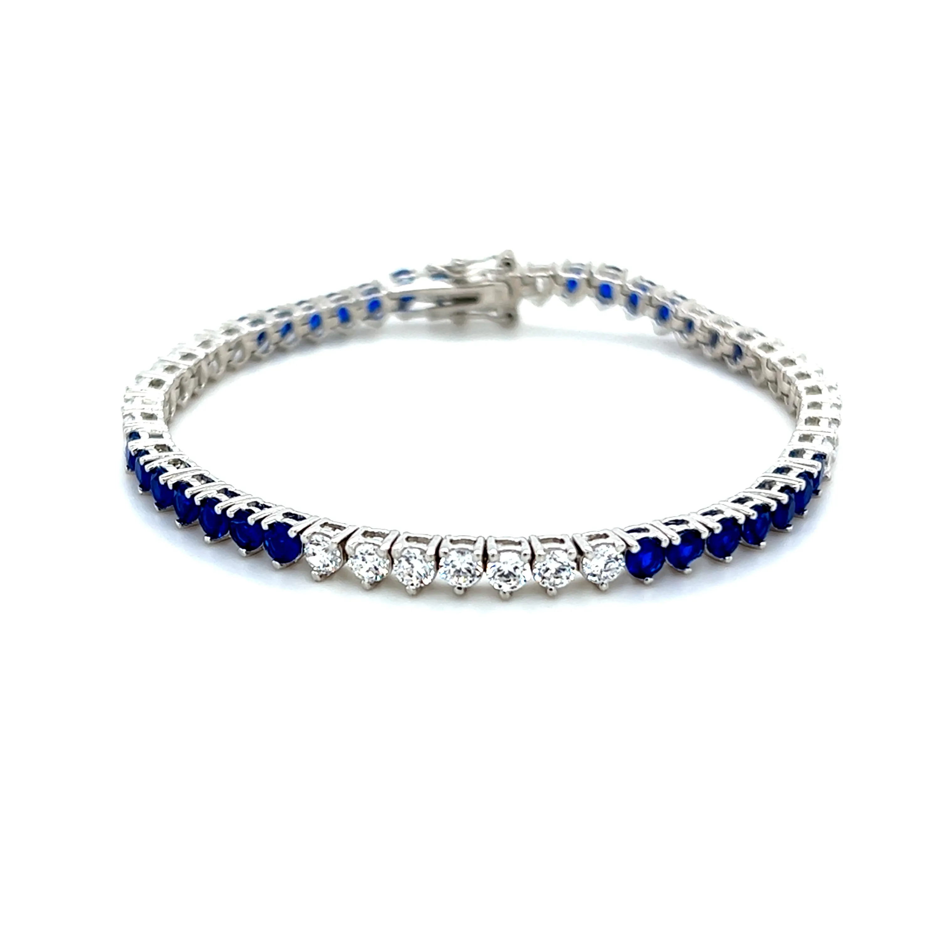 Ibiza Blue Sapphire   Clear CZ’s Pattern 3 Prong Tennis Bracelet