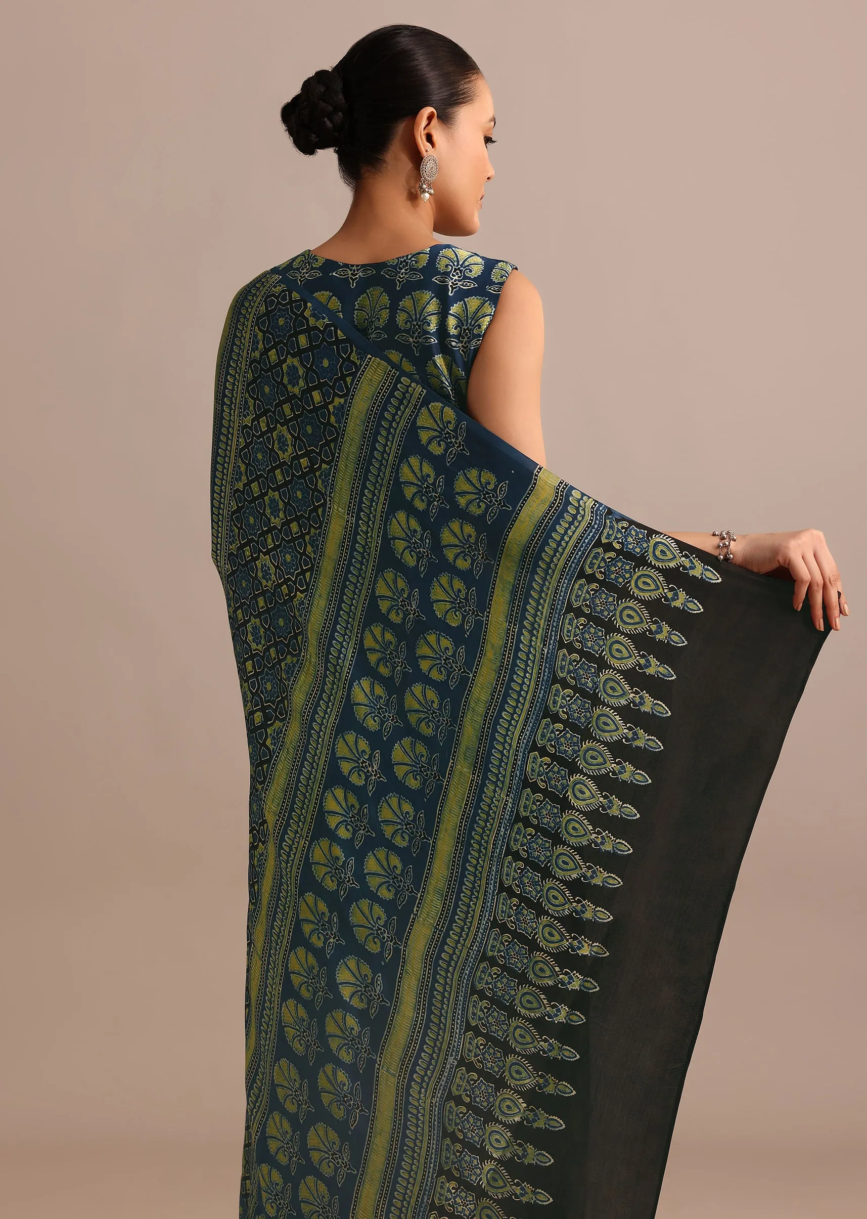 Indigo Modal Satin Saree In Ajrakh Hand Block Print