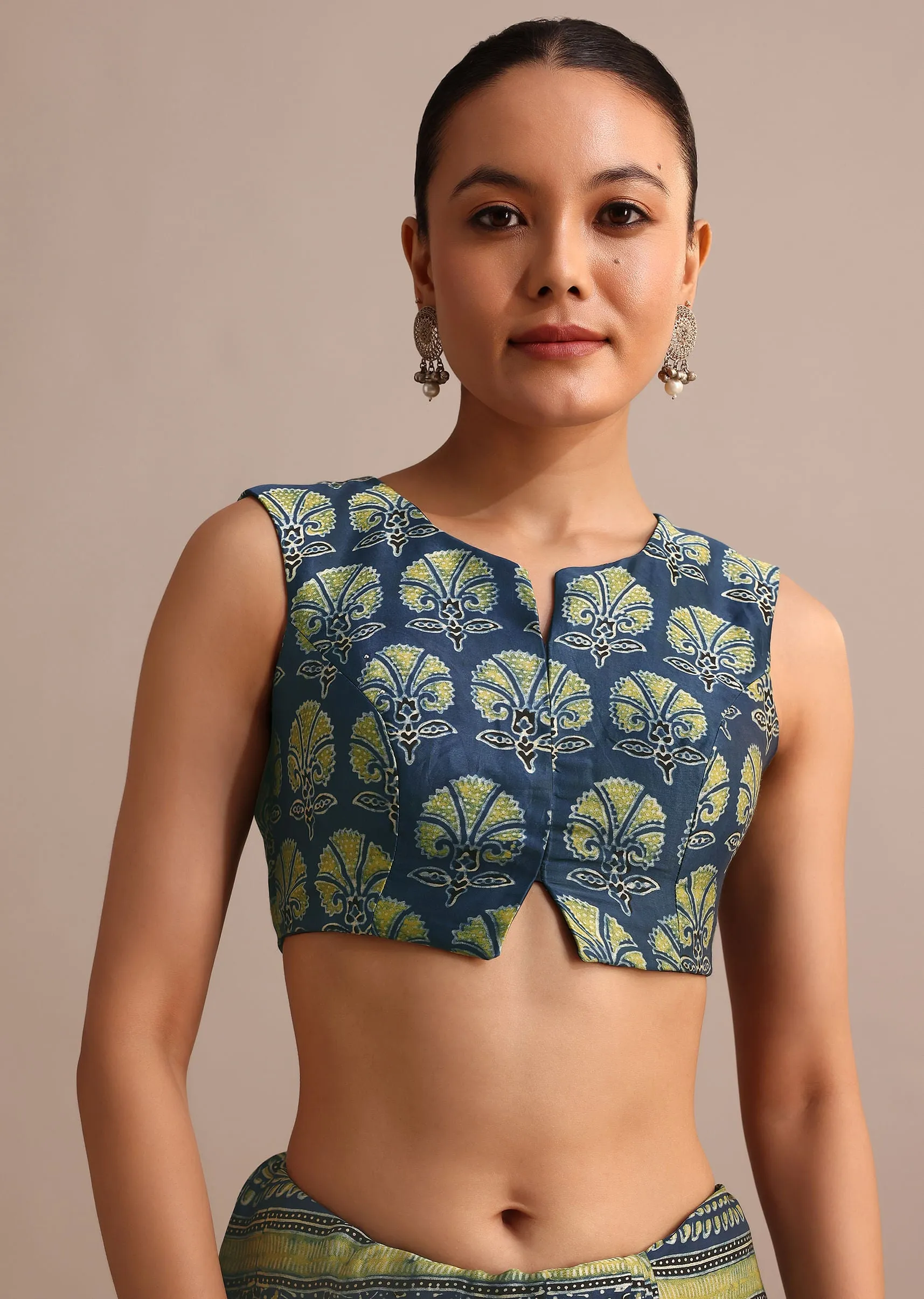 Indigo Modal Satin Saree In Ajrakh Hand Block Print