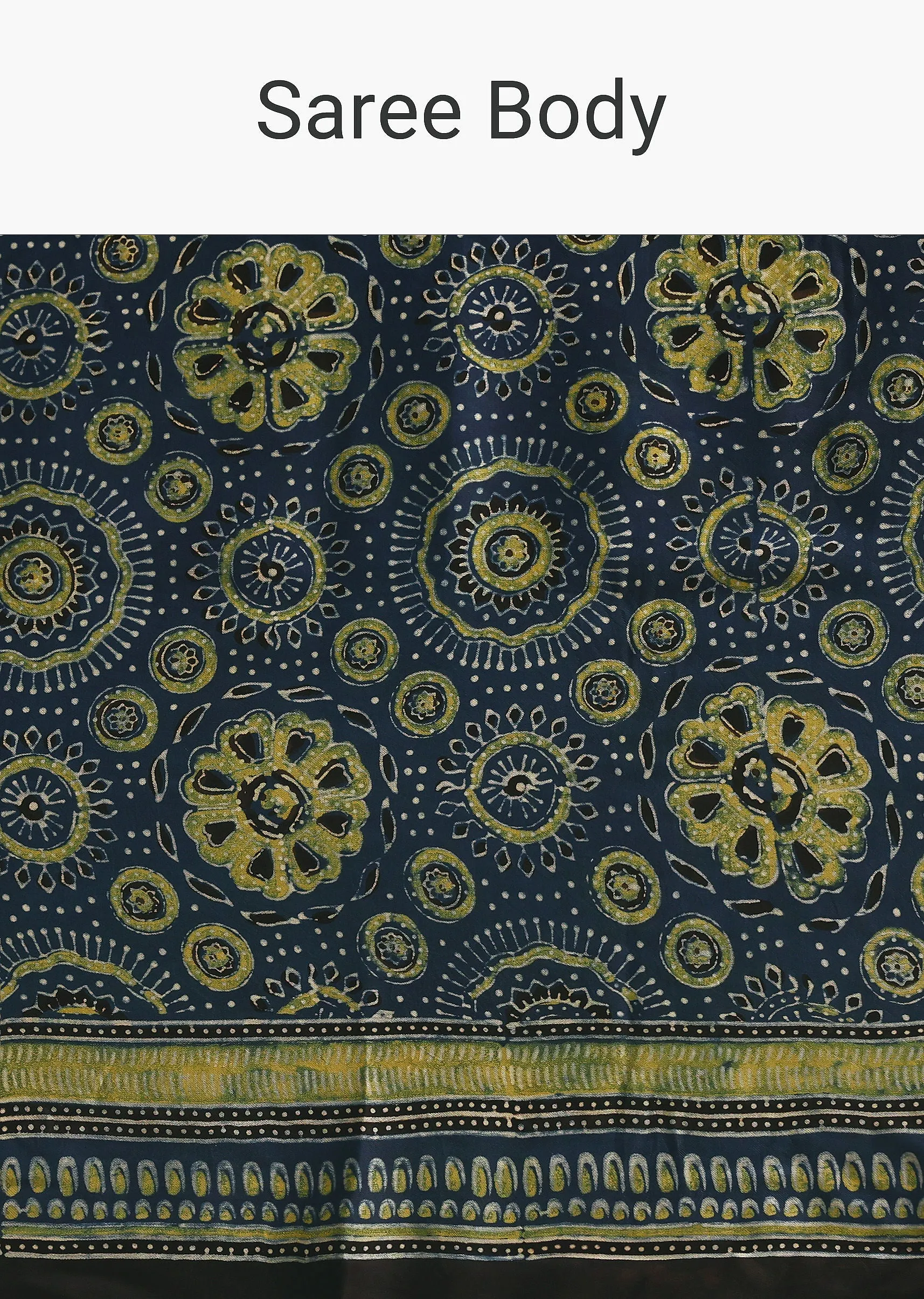 Indigo Modal Satin Saree In Ajrakh Hand Block Print