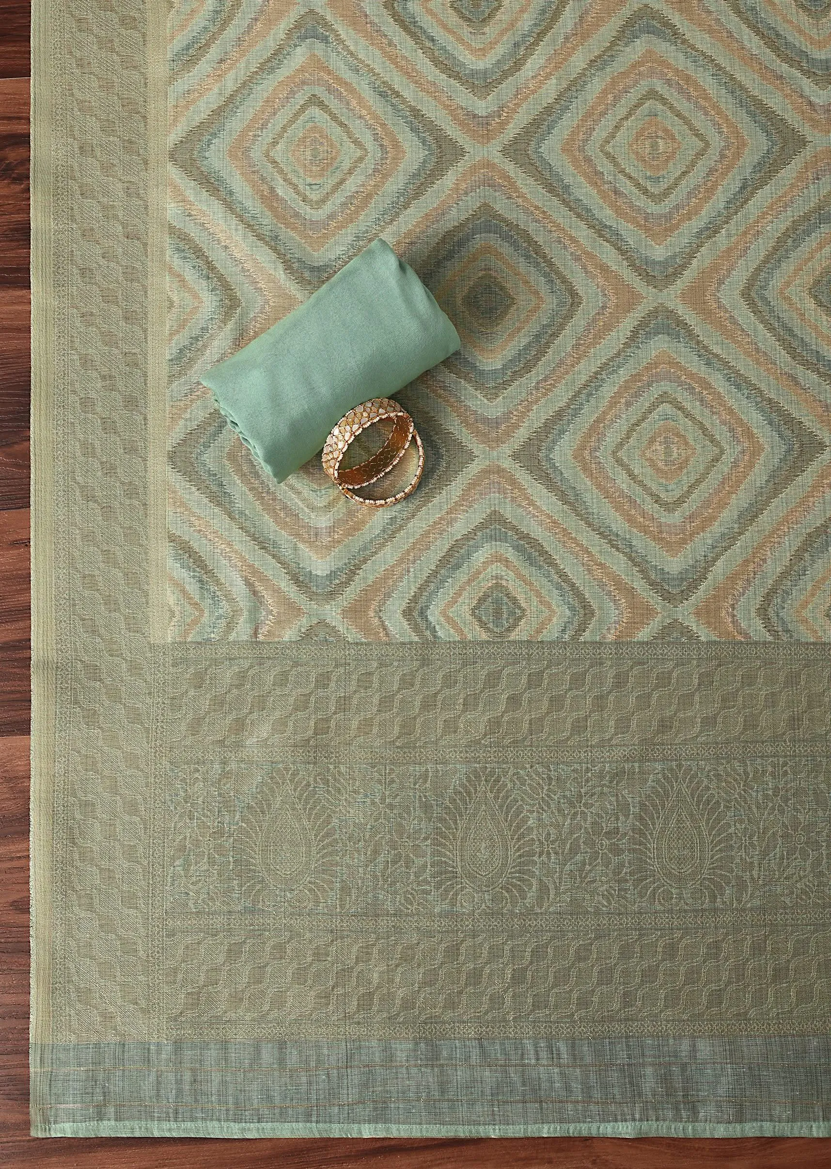 Light Sea Green Zari Embroidered Chanderi Top With Woven Banarasi Dupatta Unstitched Dress Material