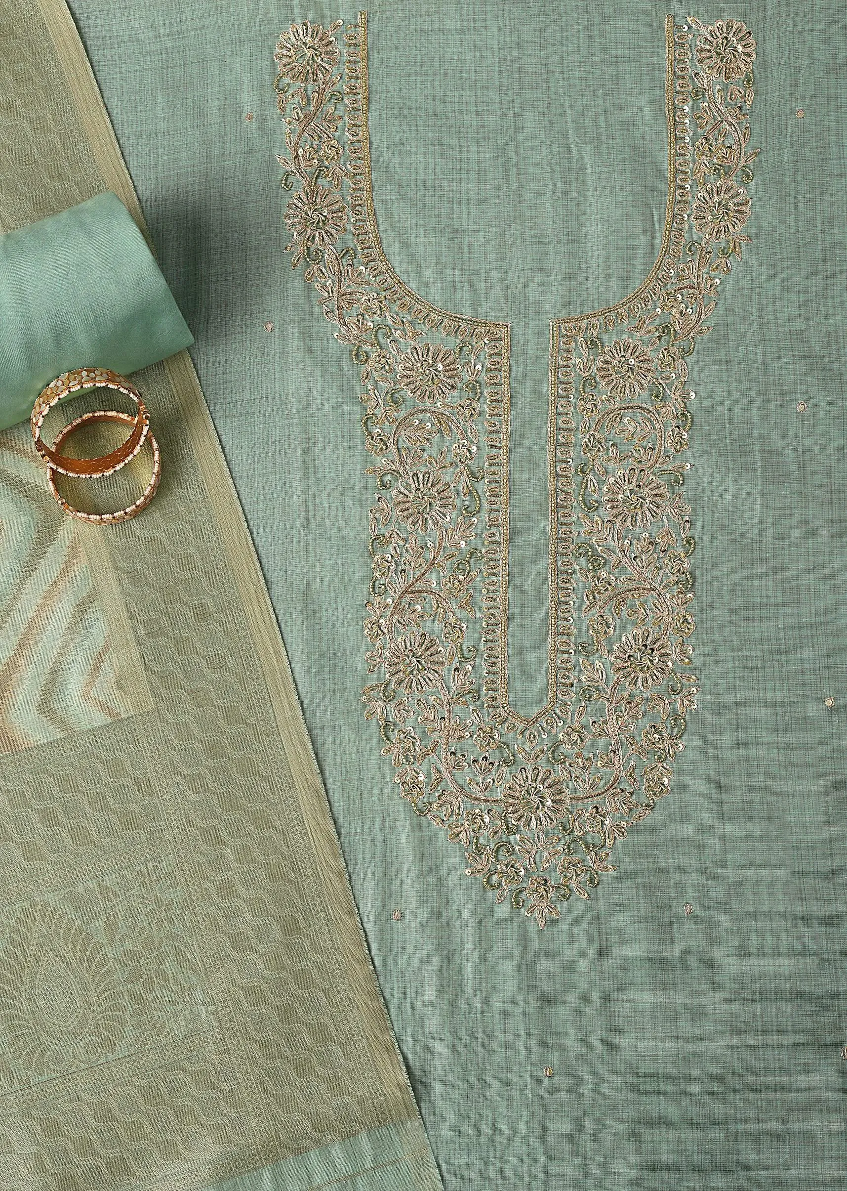 Light Sea Green Zari Embroidered Chanderi Top With Woven Banarasi Dupatta Unstitched Dress Material