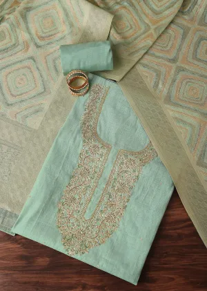 Light Sea Green Zari Embroidered Chanderi Top With Woven Banarasi Dupatta Unstitched Dress Material