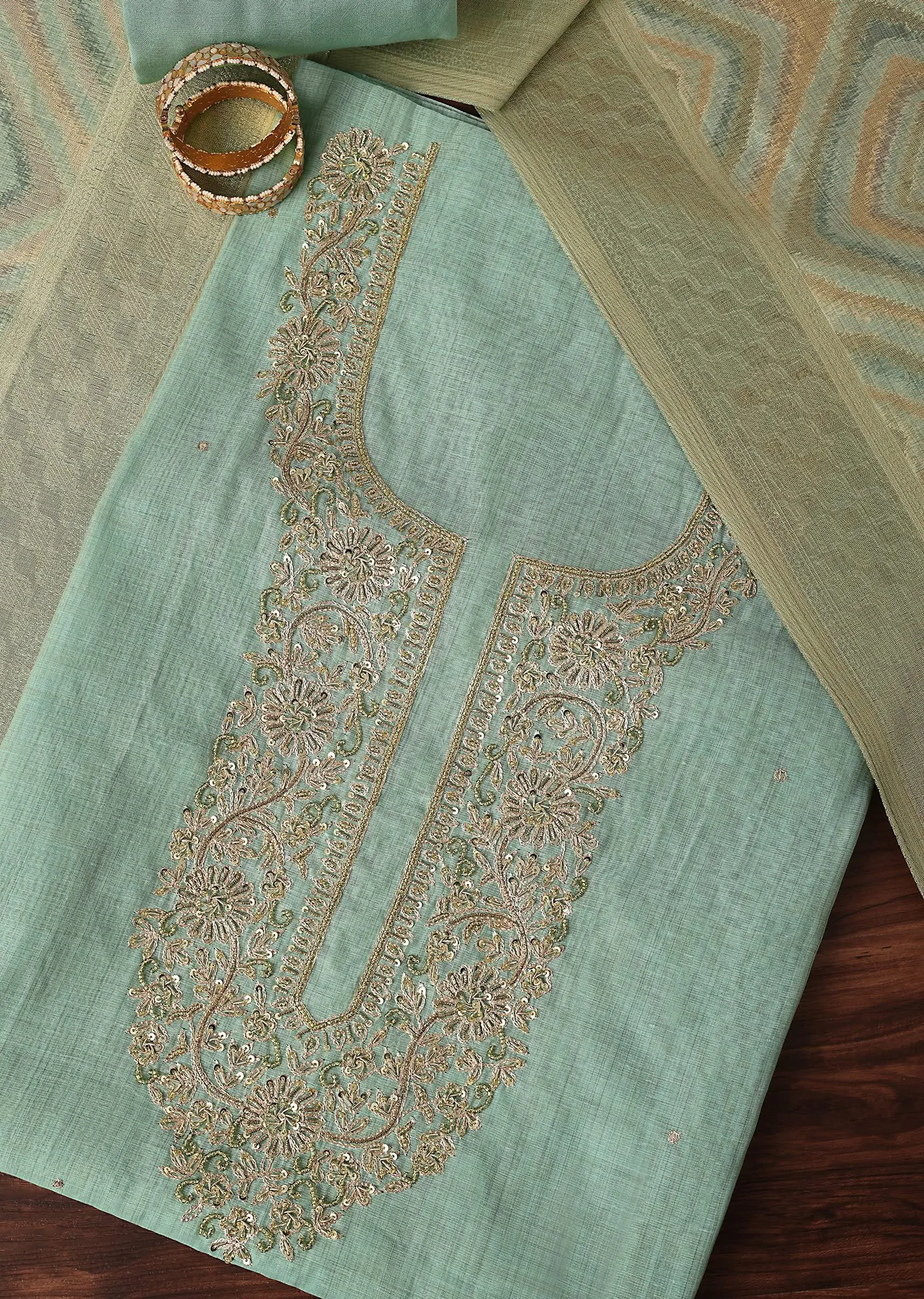 Light Sea Green Zari Embroidered Chanderi Top With Woven Banarasi Dupatta Unstitched Dress Material