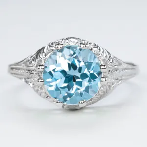 LONDON BLUE TOPAZ STERLING SILVER RING VINTAGE STYLE SOLITAIRE FILIGREE ART DECO