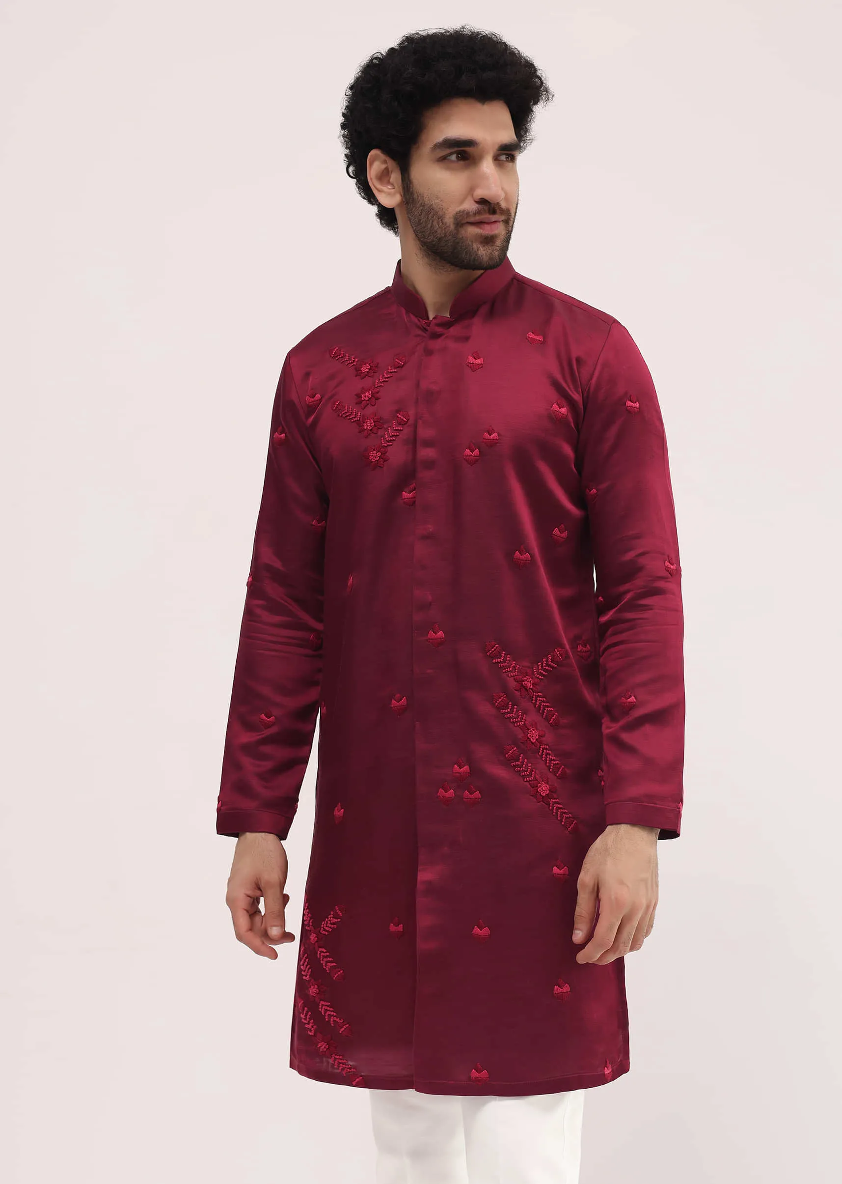 Maroon Bud Embroidered Silk Kurta Set For Men