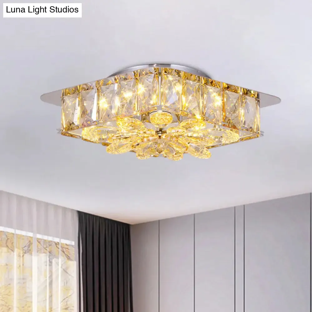 Mini LED Flush Light with Square & Flower Design – Simple Amber or Smoke grey Crystal Ceiling Fixture