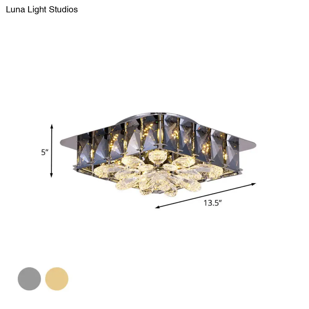 Mini LED Flush Light with Square & Flower Design – Simple Amber or Smoke grey Crystal Ceiling Fixture