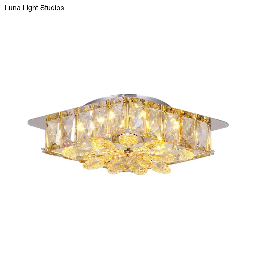 Mini LED Flush Light with Square & Flower Design – Simple Amber or Smoke grey Crystal Ceiling Fixture