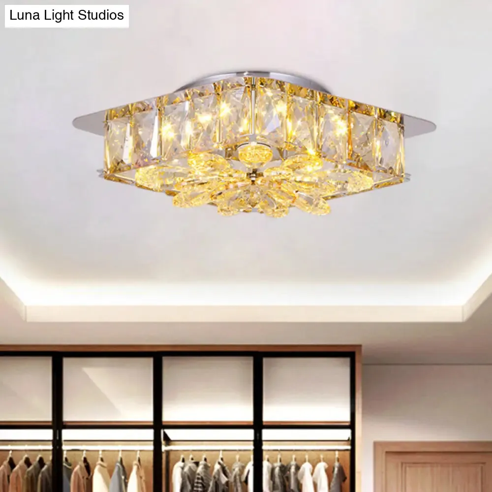 Mini LED Flush Light with Square & Flower Design – Simple Amber or Smoke grey Crystal Ceiling Fixture