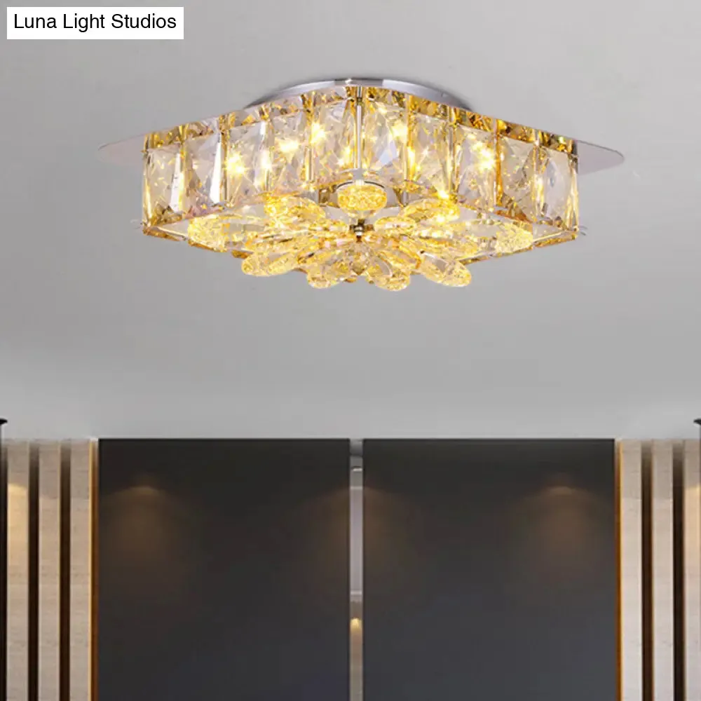 Mini LED Flush Light with Square & Flower Design – Simple Amber or Smoke grey Crystal Ceiling Fixture