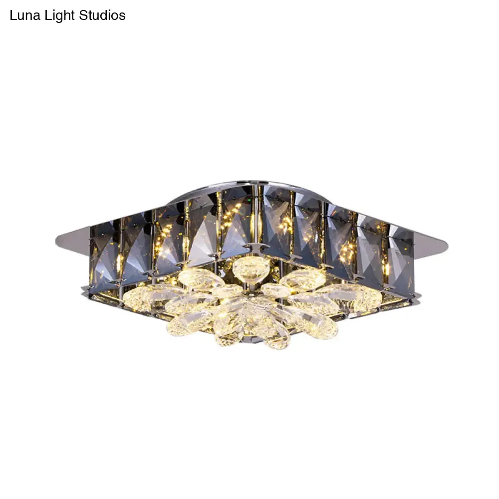 Mini LED Flush Light with Square & Flower Design – Simple Amber or Smoke grey Crystal Ceiling Fixture