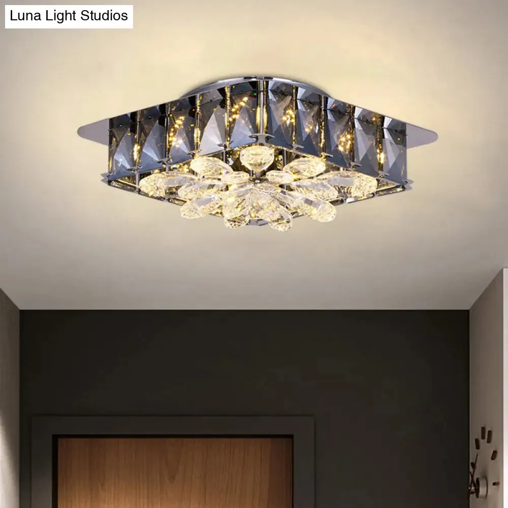 Mini LED Flush Light with Square & Flower Design – Simple Amber or Smoke grey Crystal Ceiling Fixture