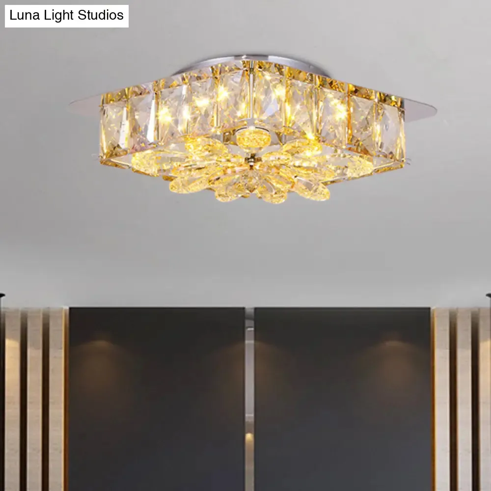 Mini LED Flush Light with Square & Flower Design – Simple Amber or Smoke grey Crystal Ceiling Fixture