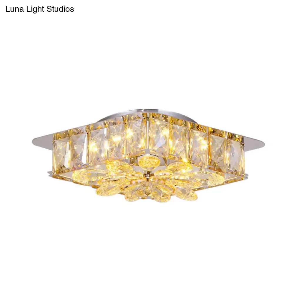 Mini LED Flush Light with Square & Flower Design – Simple Amber or Smoke grey Crystal Ceiling Fixture