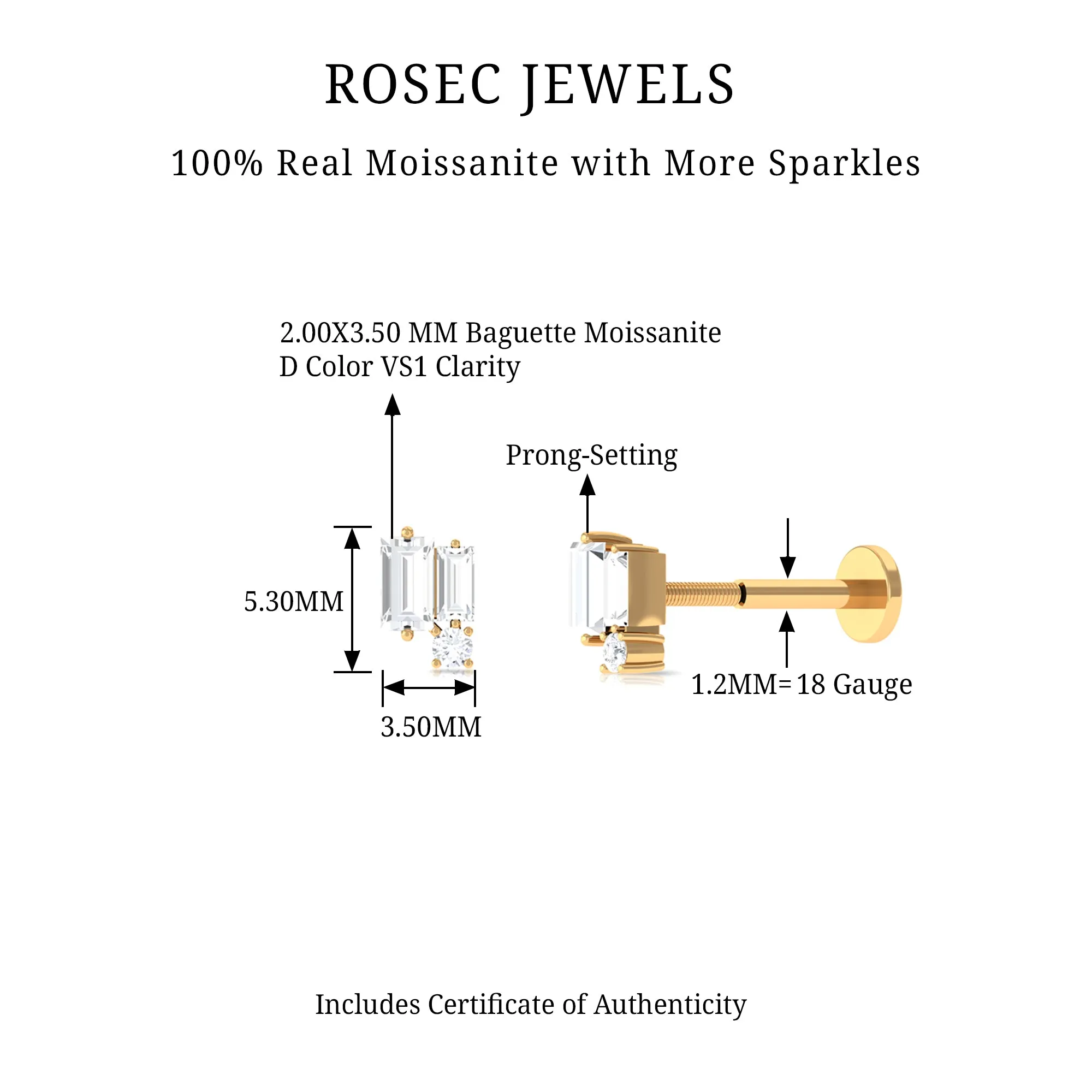 Minimalist Baguette Moissanite Earring for Conch Piercing
