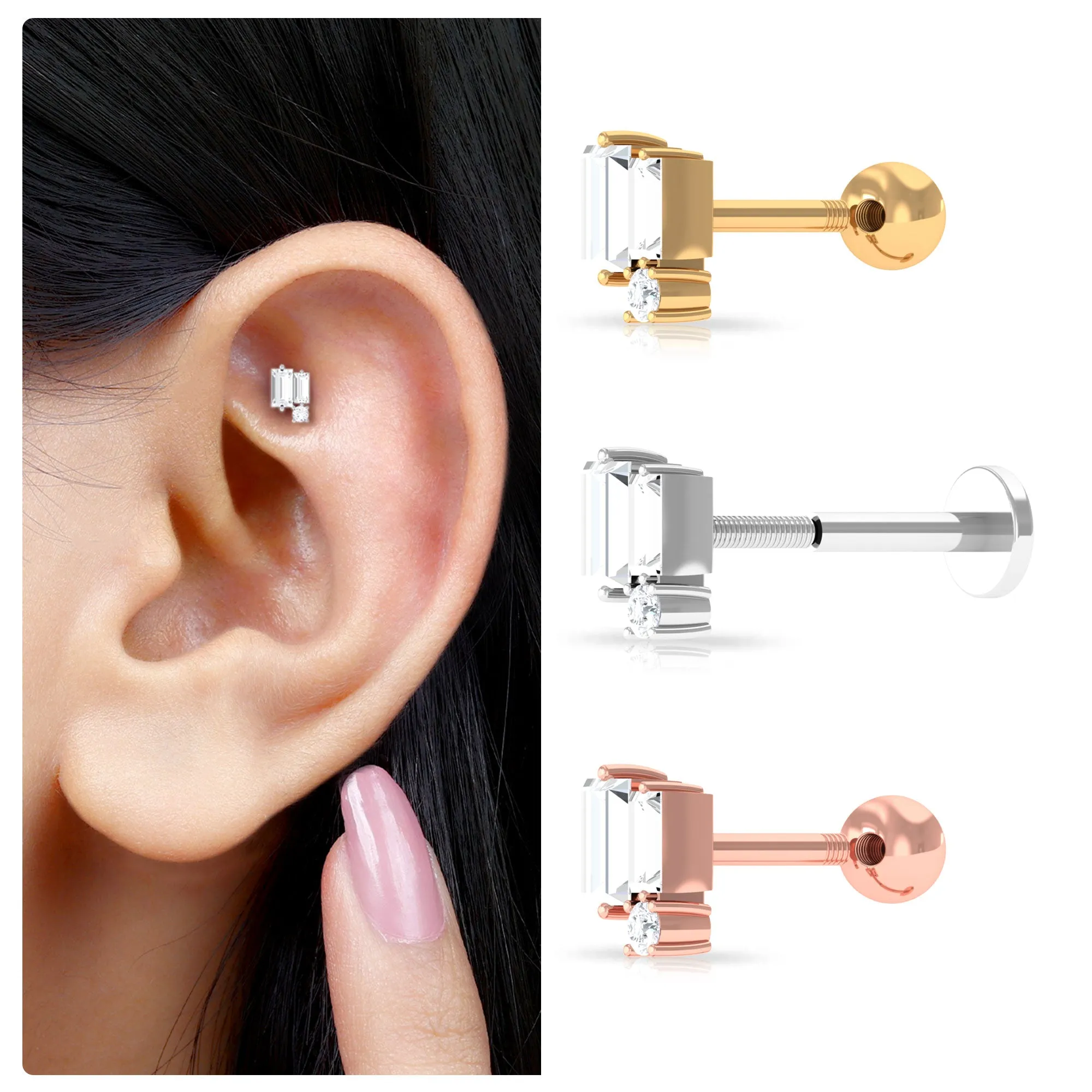 Minimalist Baguette Moissanite Earring for Conch Piercing