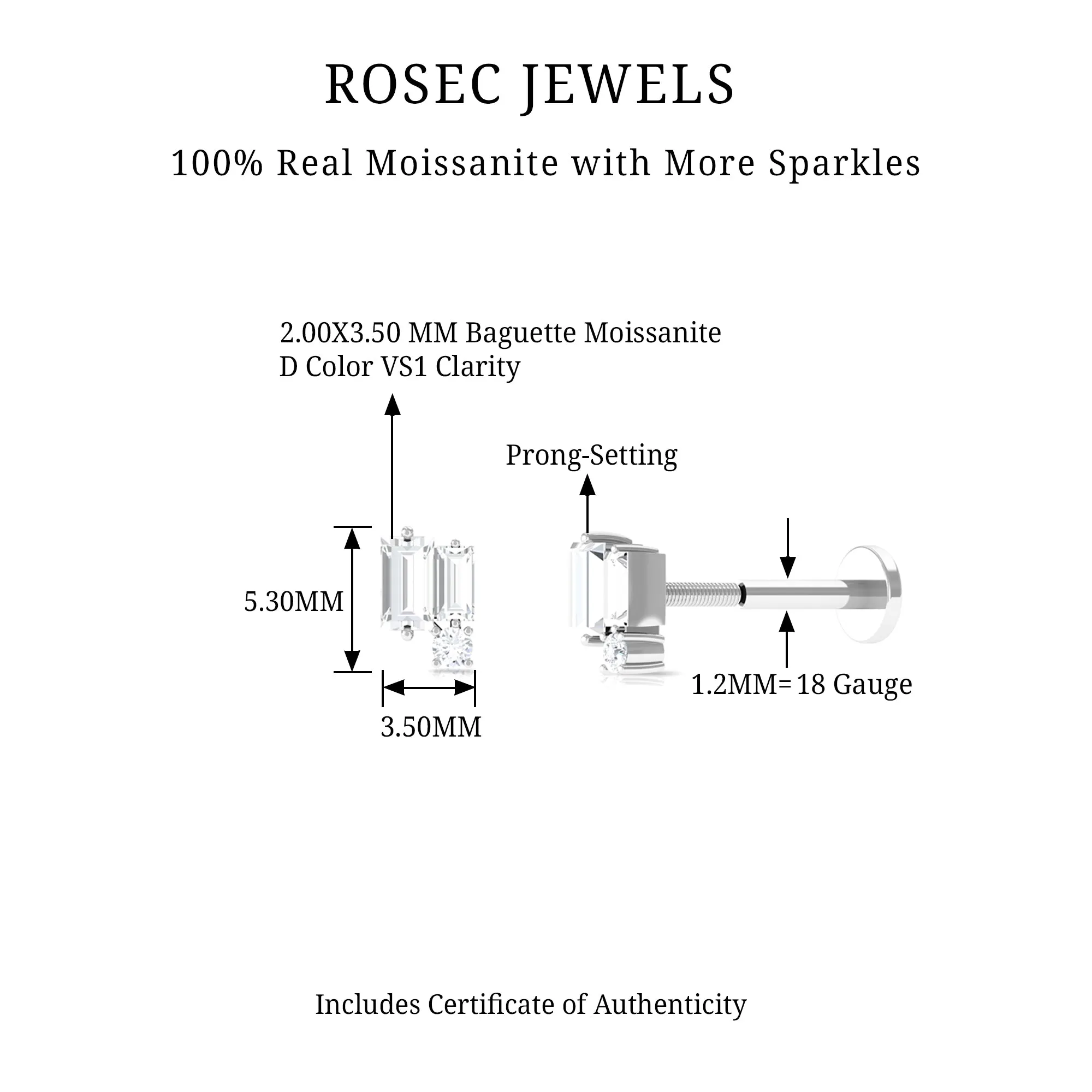 Minimalist Baguette Moissanite Earring for Conch Piercing