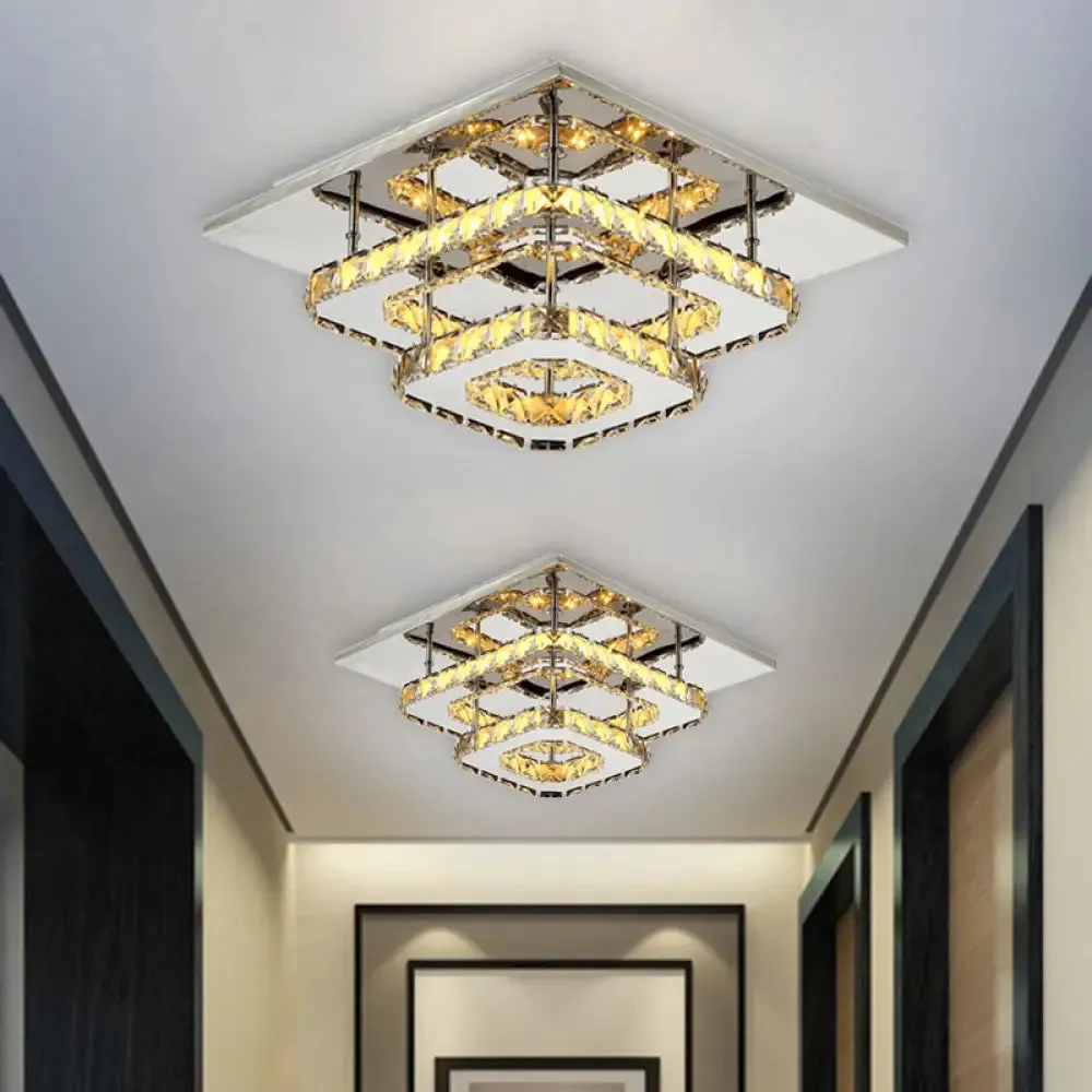 Modern Amber Crystal Block Ceiling Light - Square Layered Flush Mount in Chrome
