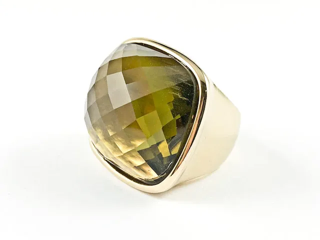 Modern Large Square Olive Green Topaz Gold Plated Steel Ring