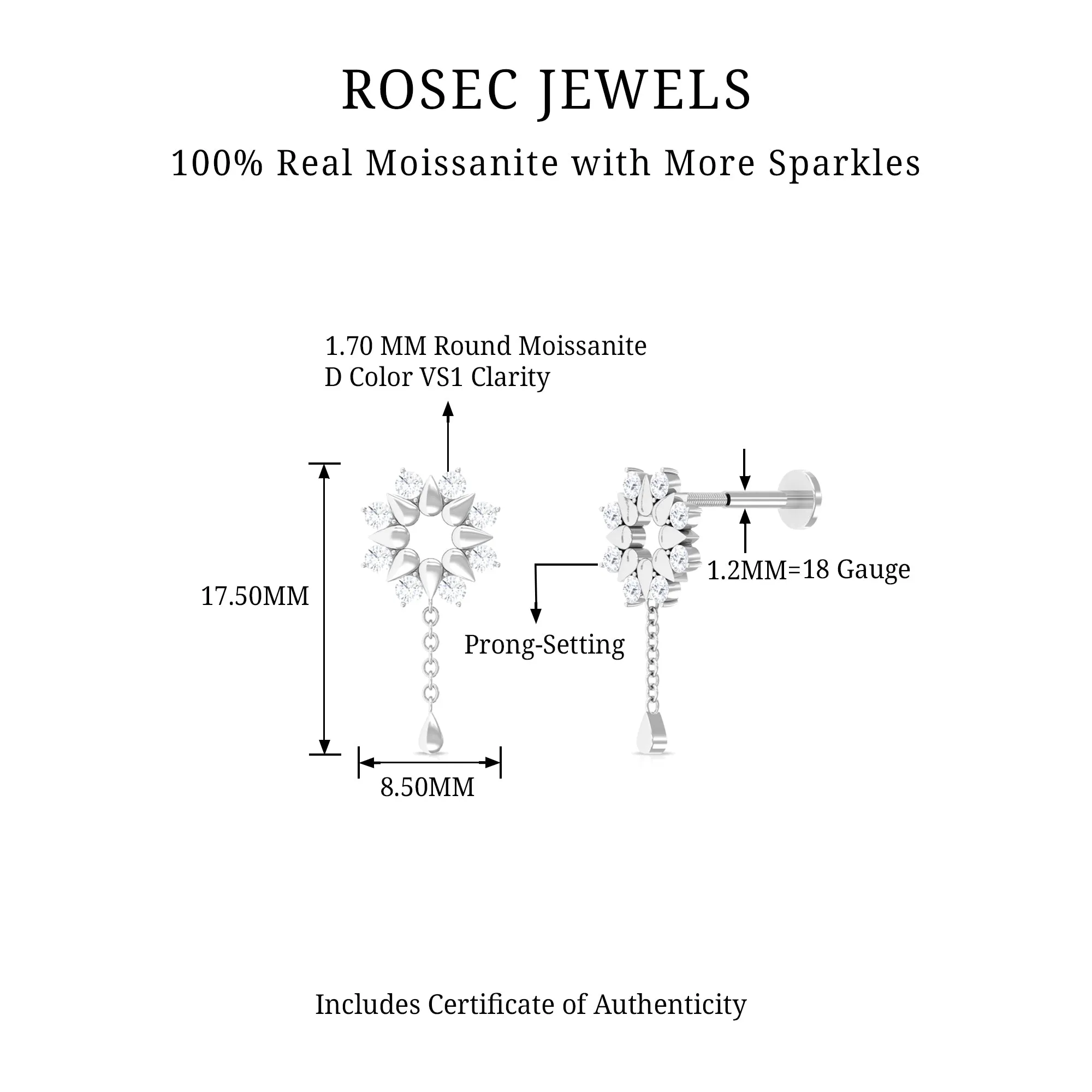 Moissanite Flower Chain Drop Earring for Cartilage Piercing