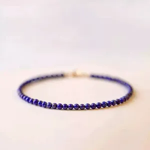 Natural 2.5 mm Unprocessed Lapis Lazuli Bracelet for Women 14K Gold Accents