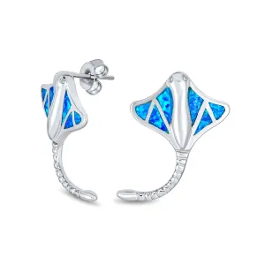 Nautical Blue Opal Stingray Stud Earrings Sterling Silver October Birthstone