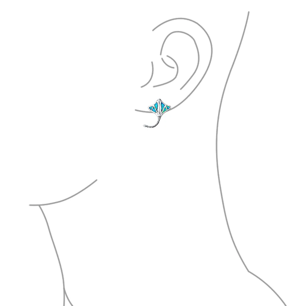 Nautical Blue Opal Stingray Stud Earrings Sterling Silver October Birthstone