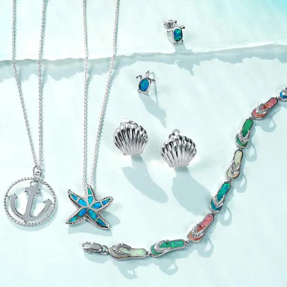 Nautical Starfish Pendant Necklace with Blue Opal Inlay in Sterling Silver