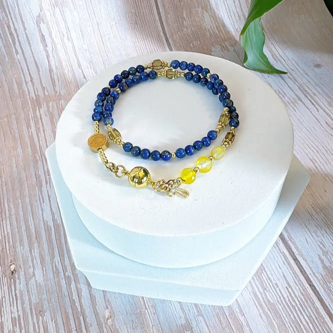 Navy Blue Lapis lazuli with Yellow Agates  Rosary Magnetic Bracelet