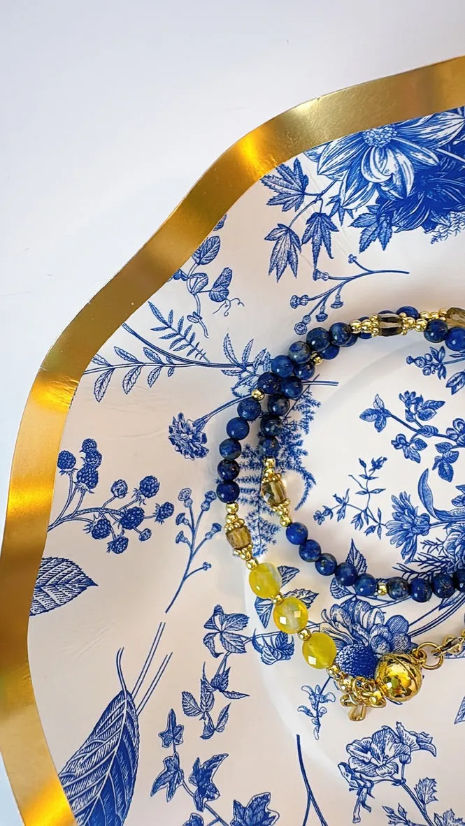 Navy Blue Lapis lazuli with Yellow Agates  Rosary Magnetic Bracelet