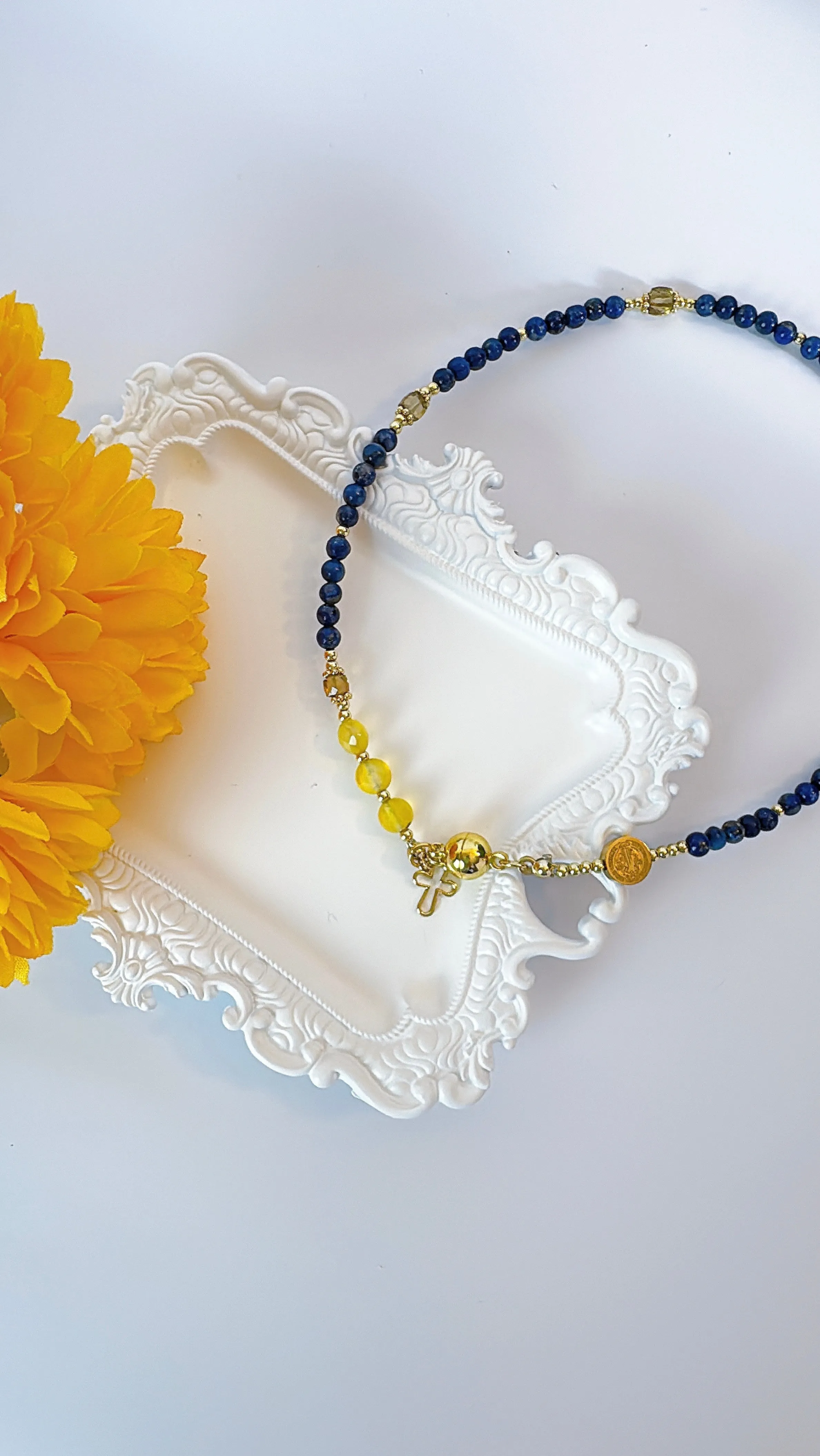 Navy Blue Lapis lazuli with Yellow Agates  Rosary Magnetic Bracelet