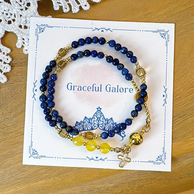 Navy Blue Lapis lazuli with Yellow Agates  Rosary Magnetic Bracelet